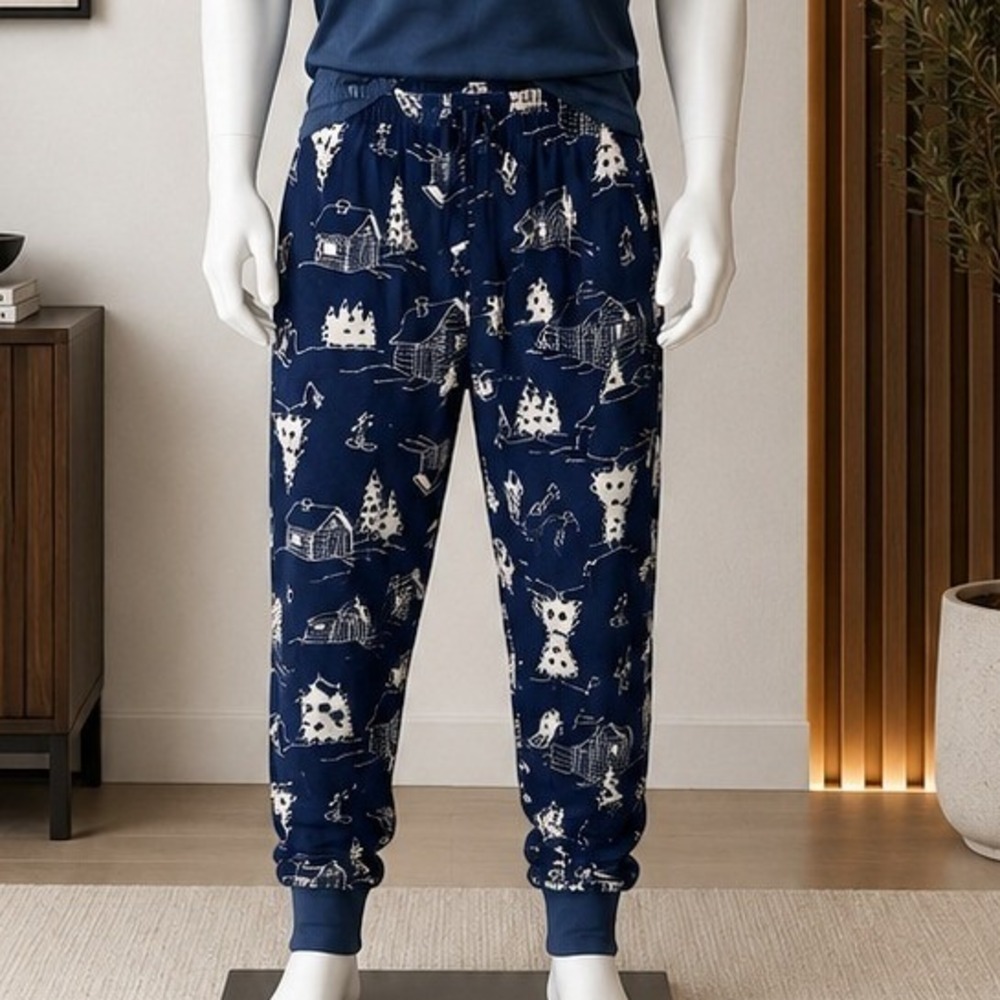 Old Navy Mens Pajama Pants Winter Lodge Skier Print Navy Blue Large